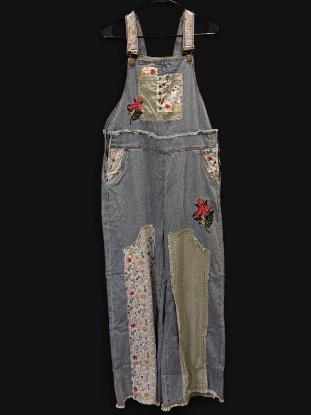 POL Light Blue Denim Overalls with Floral Embroidery and Patchwork